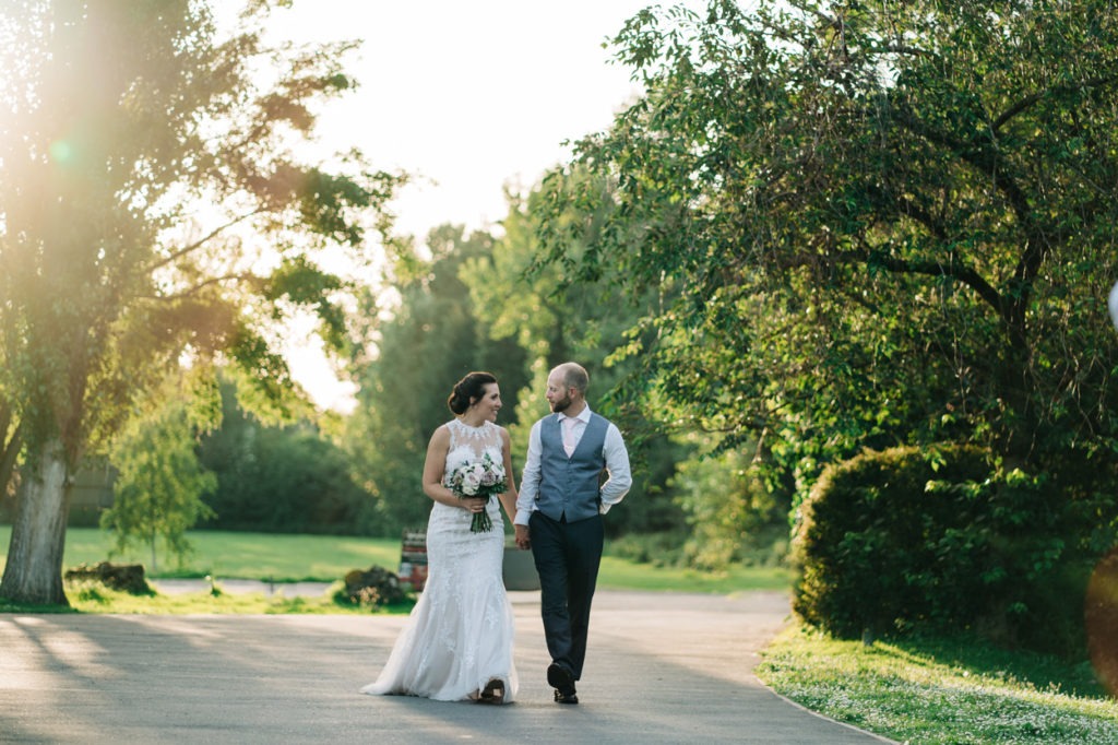 wedding portrait walk with couple