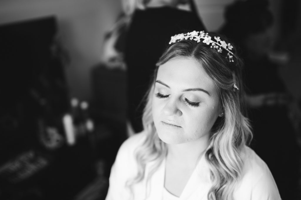 black and white bridal prep photo